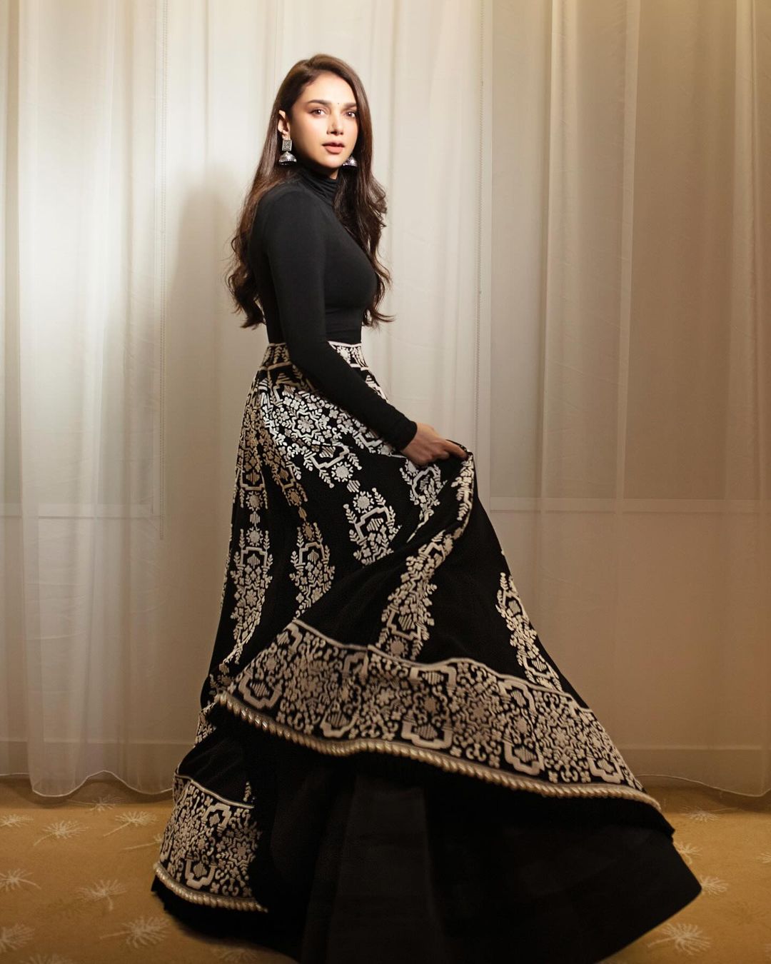 North Indian Actress Aditi Rao Hydari In Black Long Gown